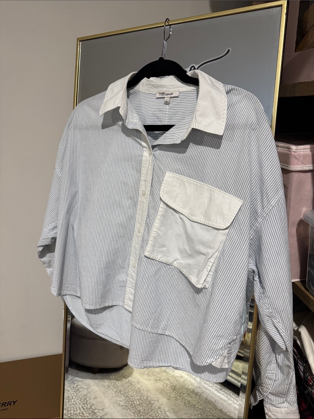 Madewell Light Blue Pinstripe Button-Up with White Contrast Pocket Super Cute!